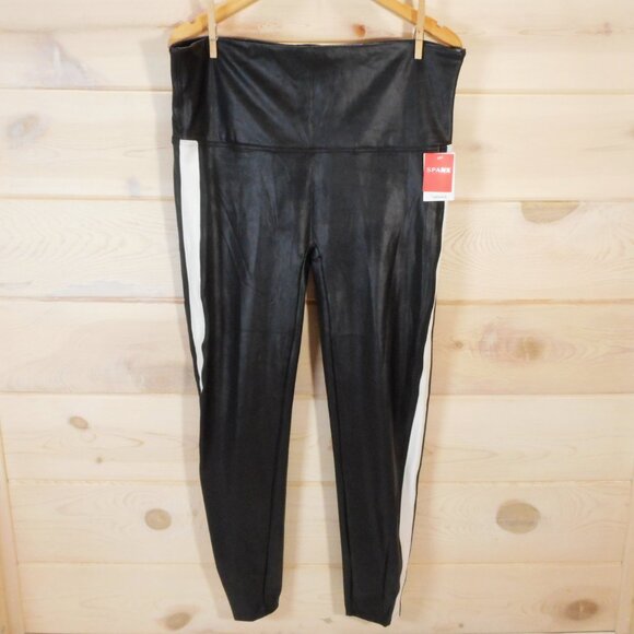 SPANX Size 3X Faux Leather Side Stripe Leggings Black & White High Waist - Picture 1 of 10
